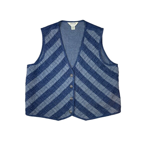 VTG Orvis Two-Toned Blue Quilted Patchwork Striped Denim Vest Button Closure XL - Picture 1 of 7